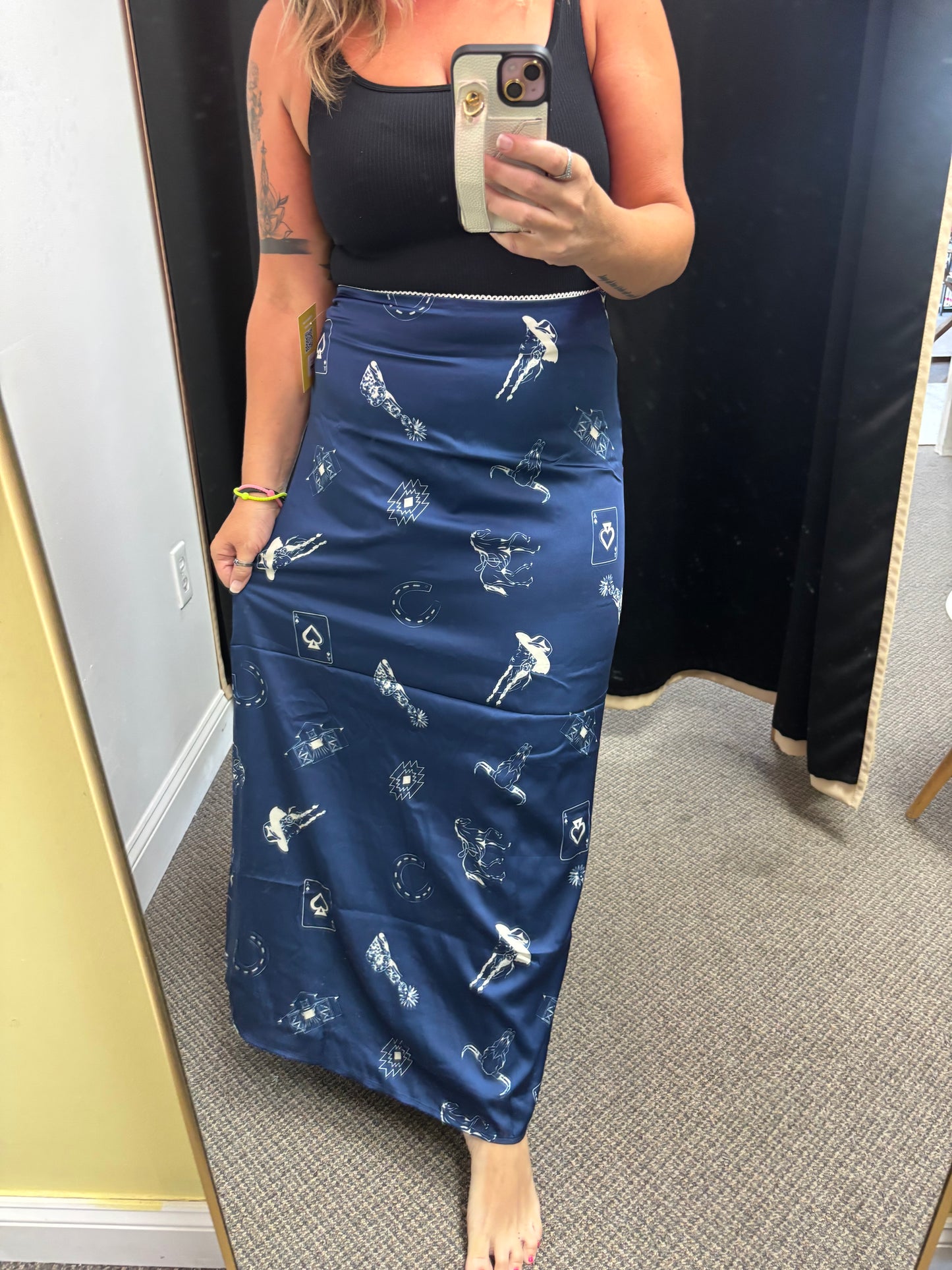 Navy Blue Western Print Satin Long Skirt