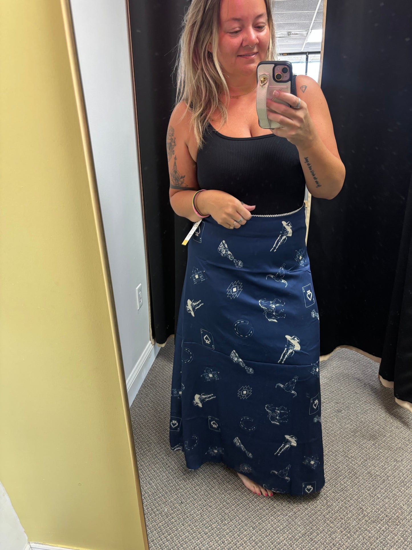 Navy Blue Western Print Satin Long Skirt