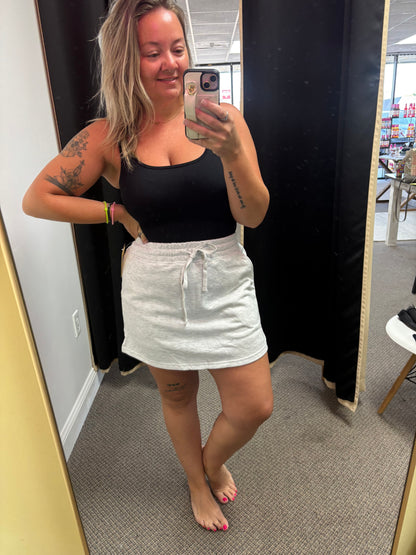 Light Grey French Terry Drawstring Elastic Waistband Mini Skort with Pockets
