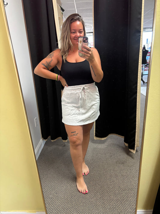 Light Grey French Terry Drawstring Elastic Waistband Mini Skort with Pockets