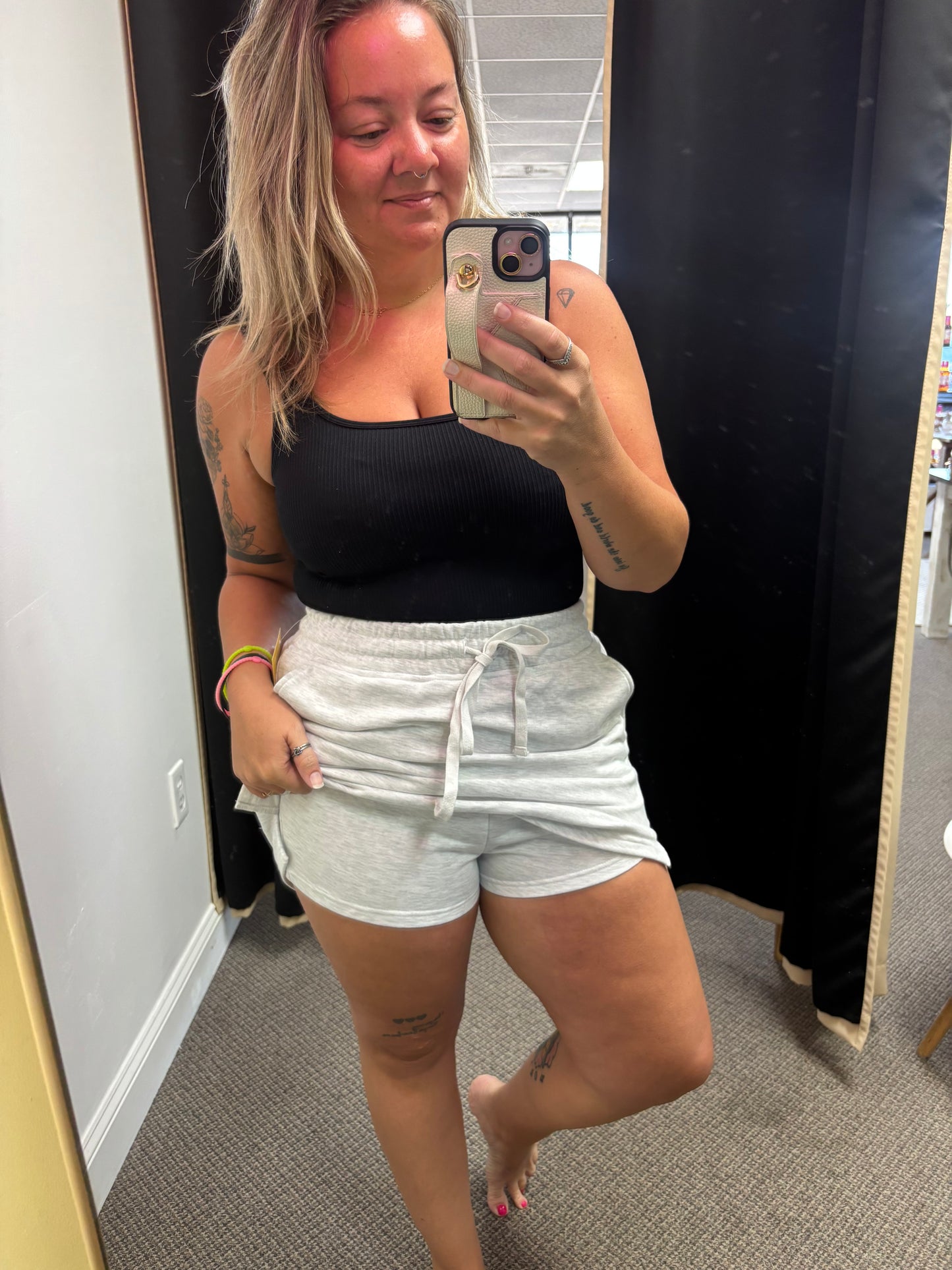 Light Grey French Terry Drawstring Elastic Waistband Mini Skort with Pockets