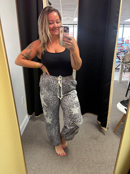 Gray Leopard Print Star Patched Drawstring Elastic Waist Jogger Pants