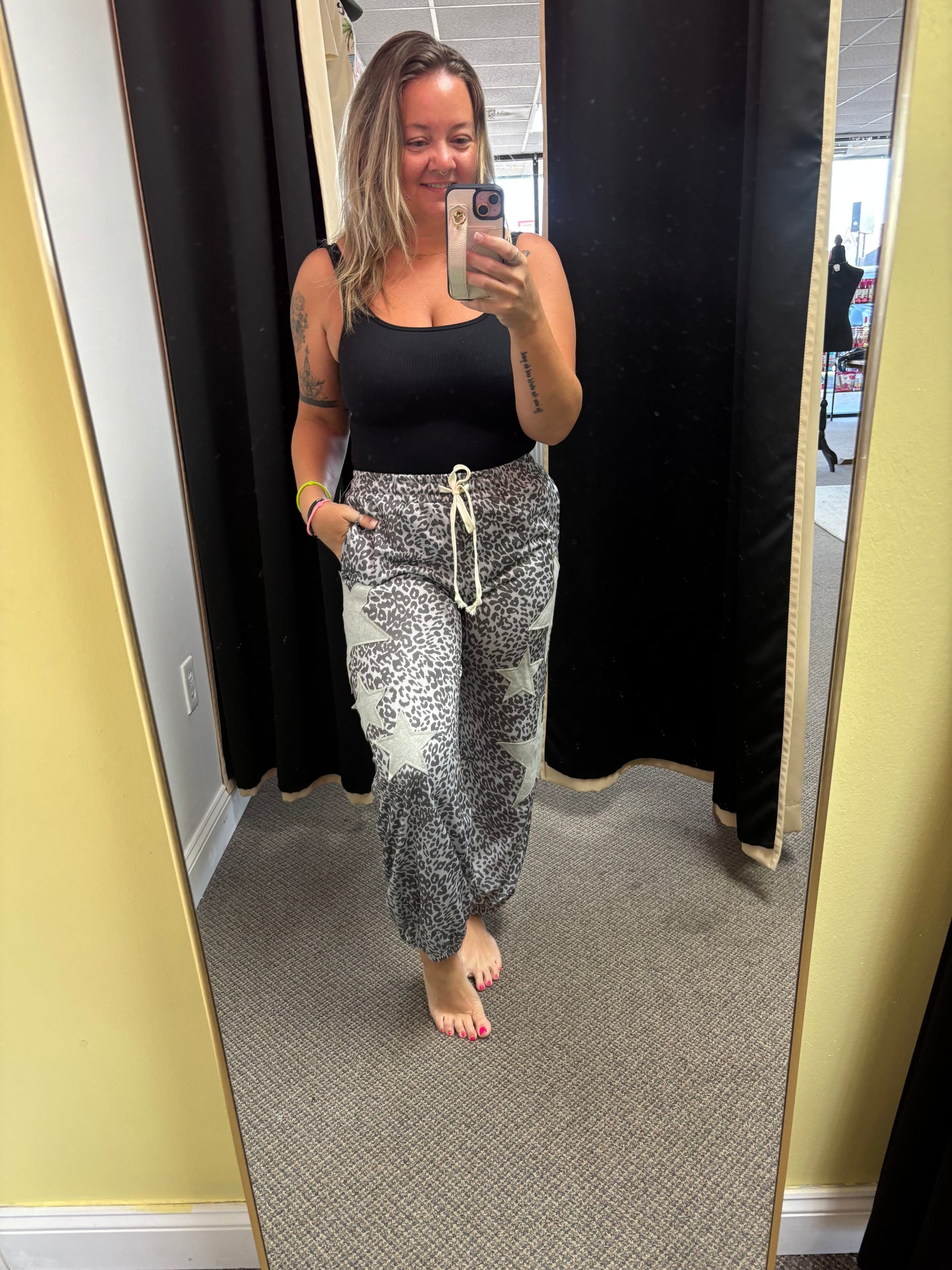 Gray Leopard Print Star Patched Drawstring Elastic Waist Jogger Pants