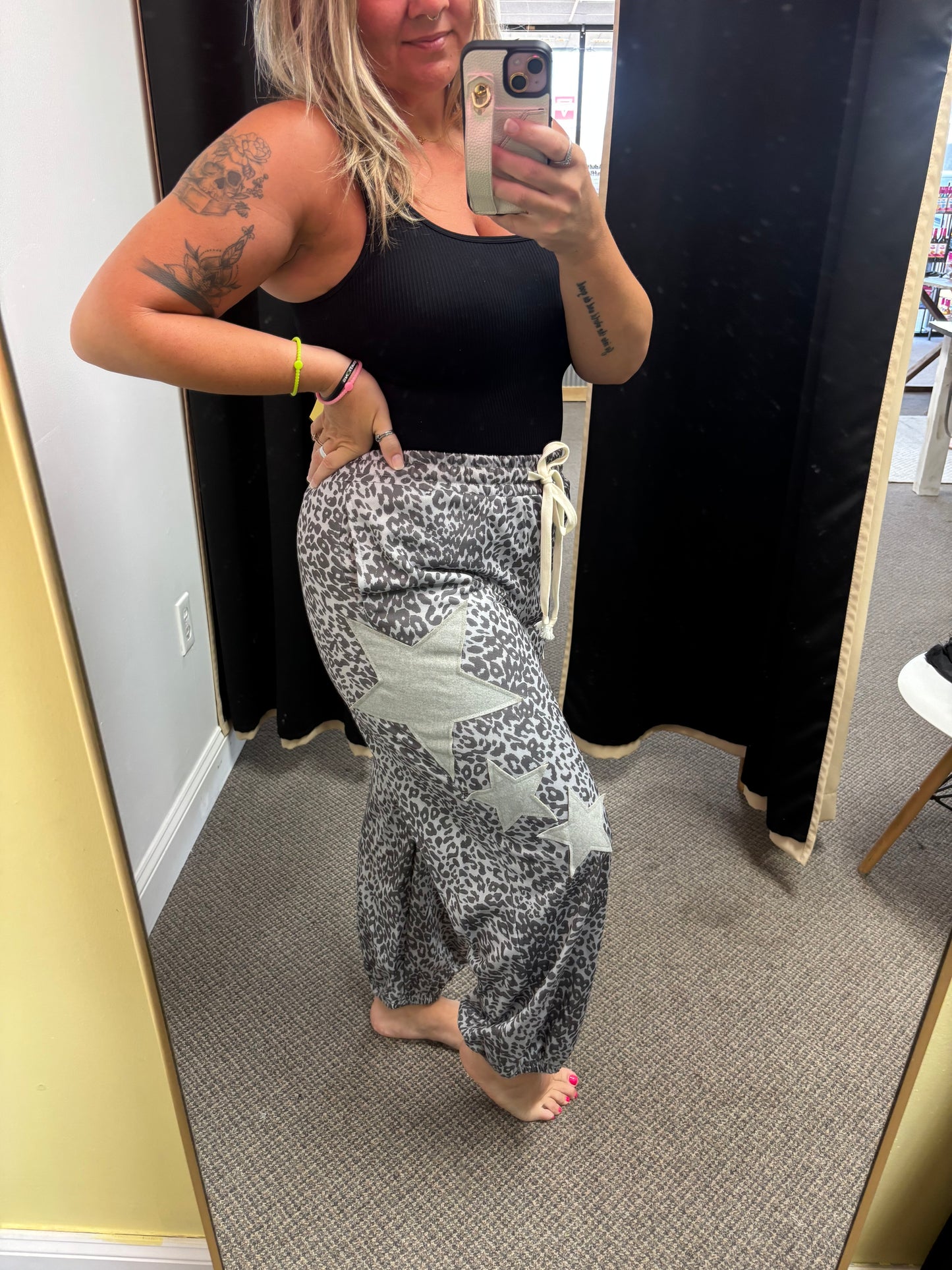 Gray Leopard Print Star Patched Drawstring Elastic Waist Jogger Pants