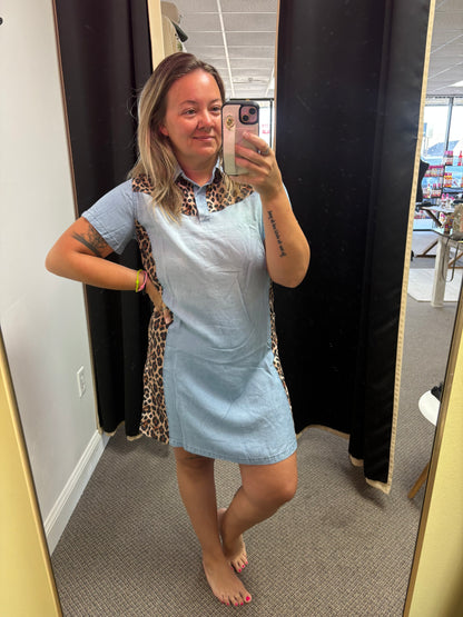 Myosotis Denim Color Block Leopard Patchwork Shirt Collar T Shirt Mini Dress