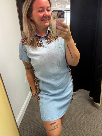 Myosotis Denim Color Block Leopard Patchwork Shirt Collar T Shirt Mini Dress