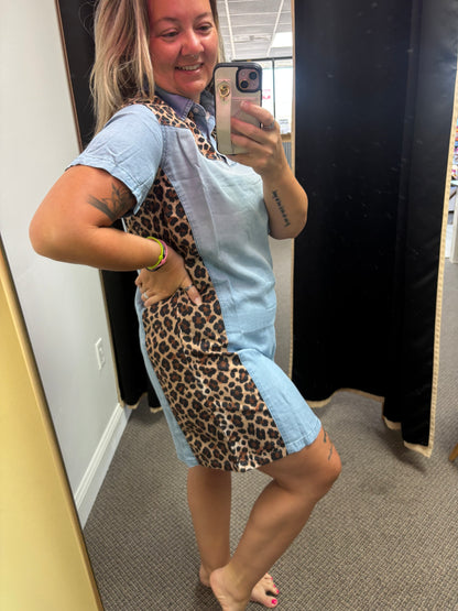 Myosotis Denim Color Block Leopard Patchwork Shirt Collar T Shirt Mini Dress