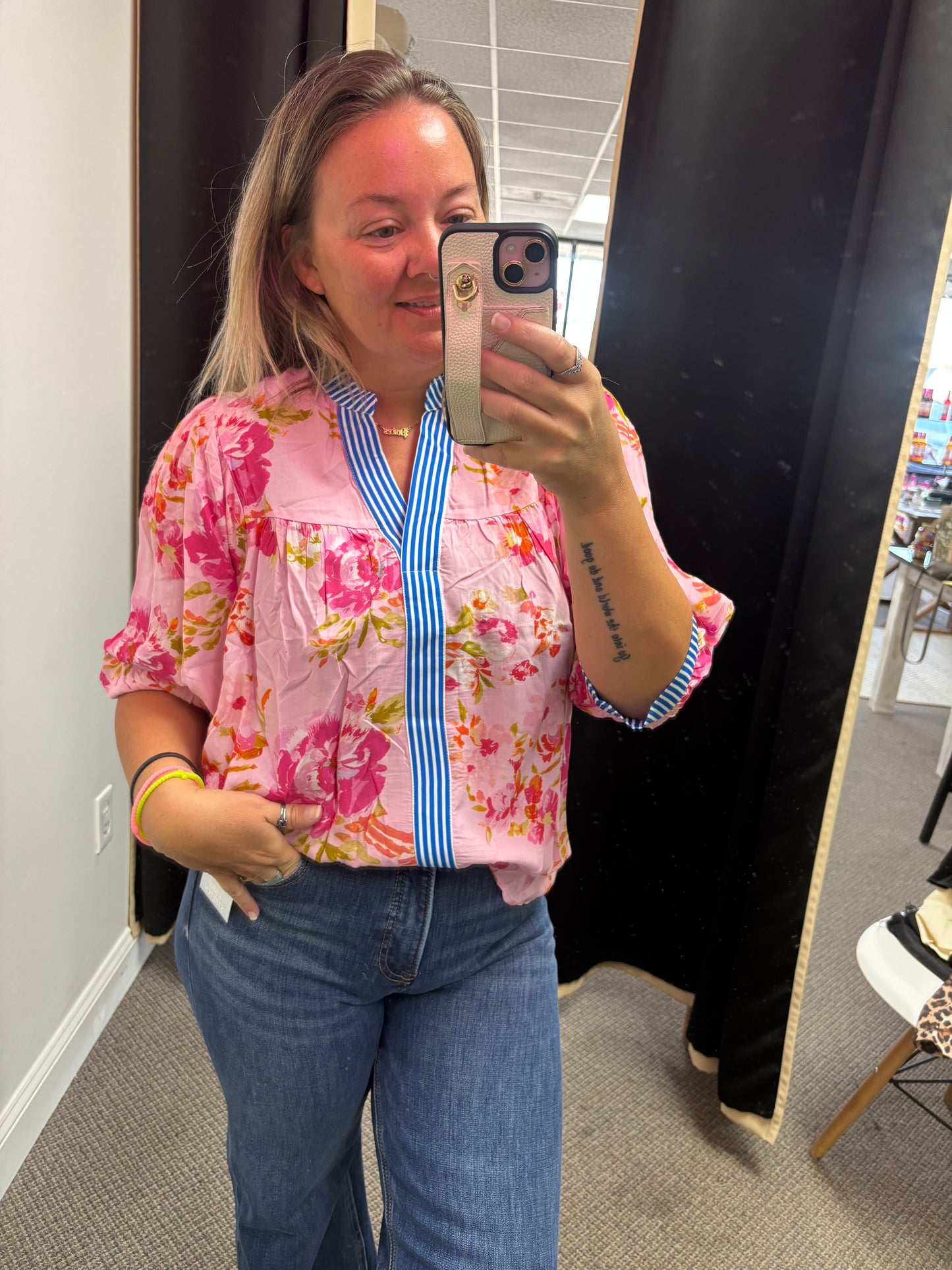 Multicolour Floral Half Sleeve Striped Trim V Neck Blouse