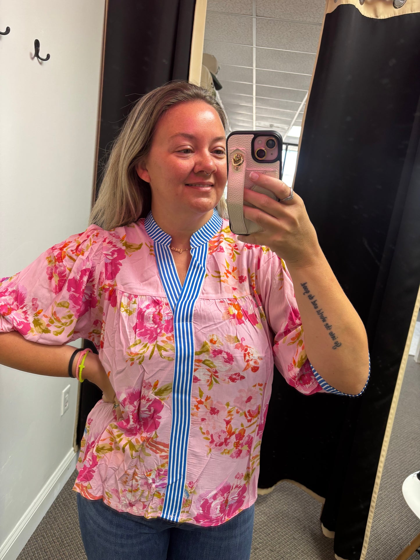 Multicolour Floral Half Sleeve Striped Trim V Neck Blouse