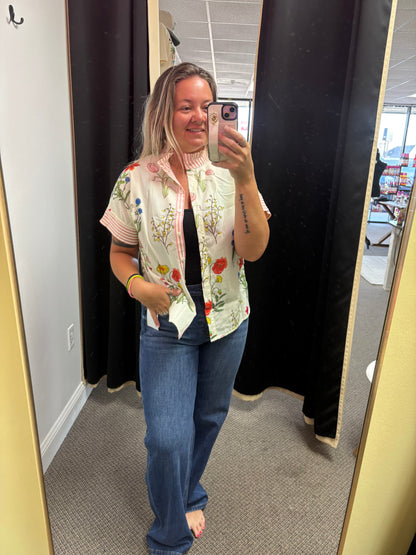 Beige Floral Striped Patchwork Ruffled Collar Short Sleeve Shirt