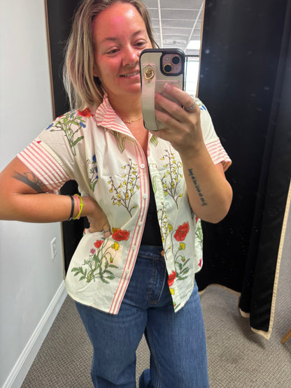 Beige Floral Striped Patchwork Ruffled Collar Short Sleeve Shirt