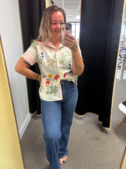 Beige Floral Striped Patchwork Ruffled Collar Short Sleeve Shirt