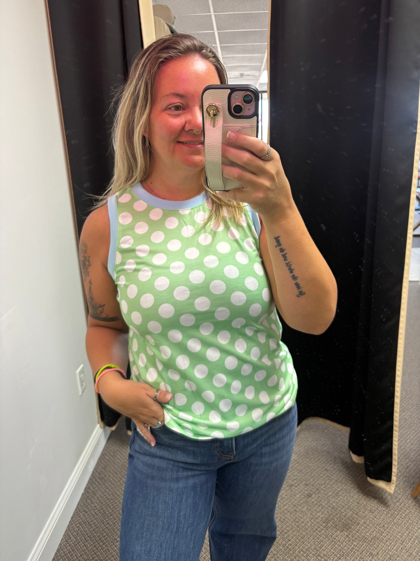 Green Polka Dot Contrast Trim Round Neck Loose Tank Top