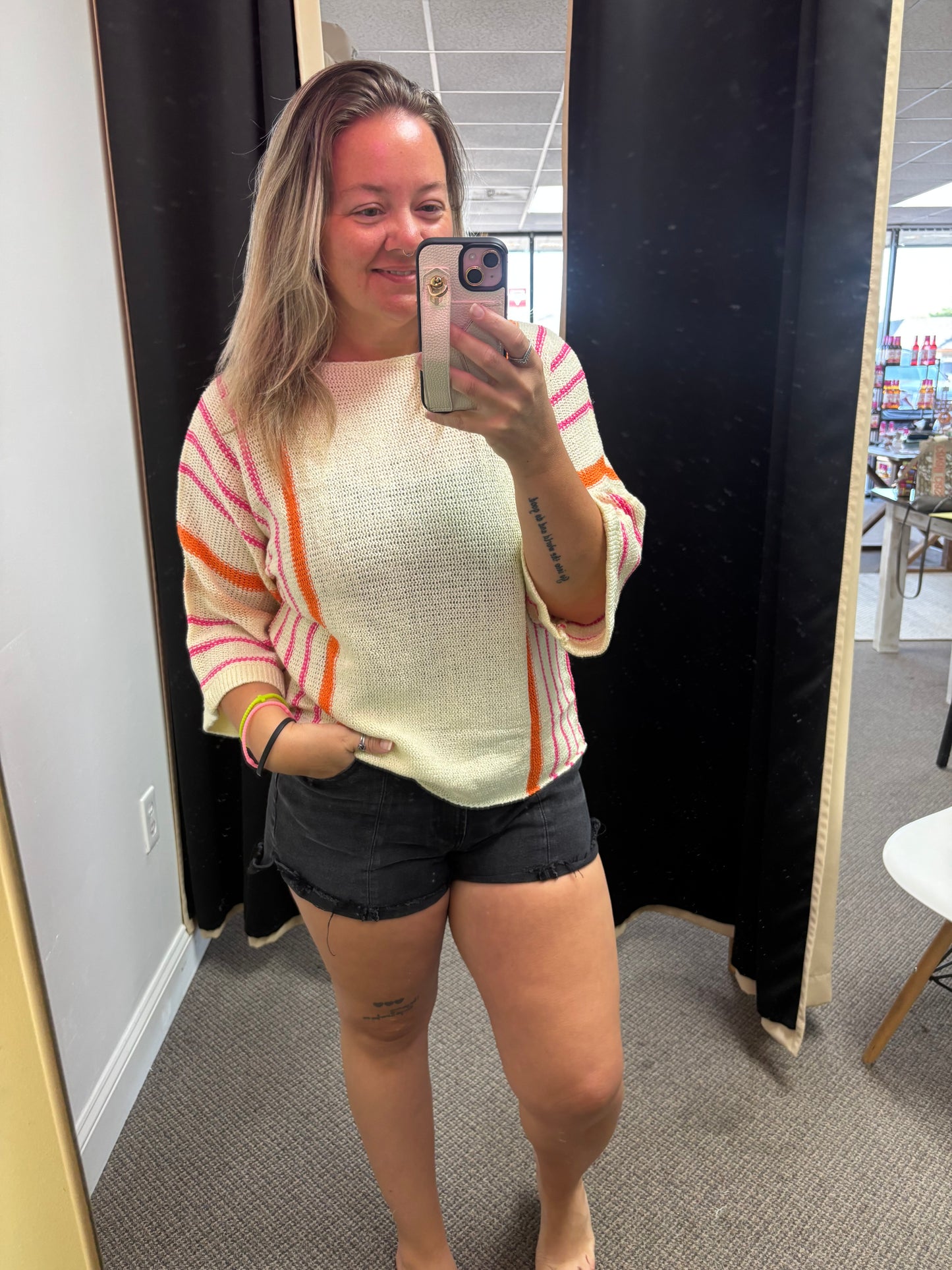 White Striped Detail Wide Sleeve Lightweight Knitted Sweater