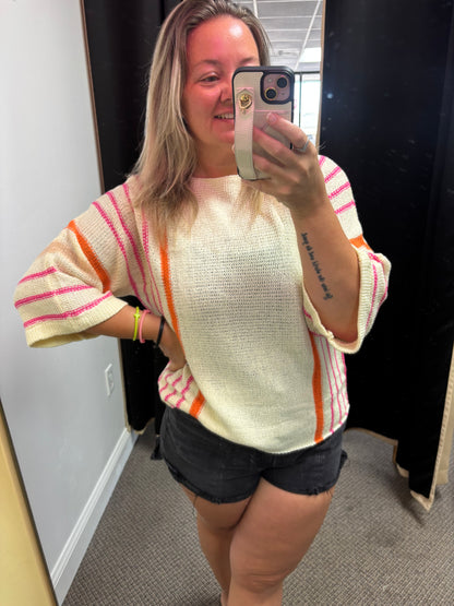White Striped Detail Wide Sleeve Lightweight Knitted Sweater