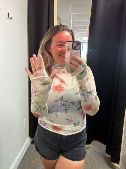Apricot Floral Mesh Thumbhole Long Sleeve Slim Top