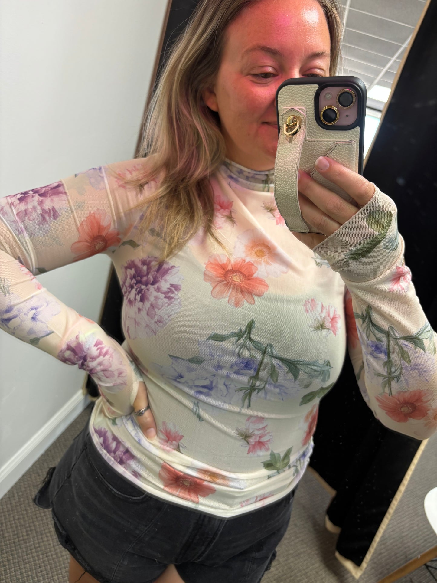 Apricot Floral Mesh Thumbhole Long Sleeve Slim Top