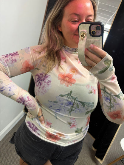 Apricot Floral Mesh Thumbhole Long Sleeve Slim Top