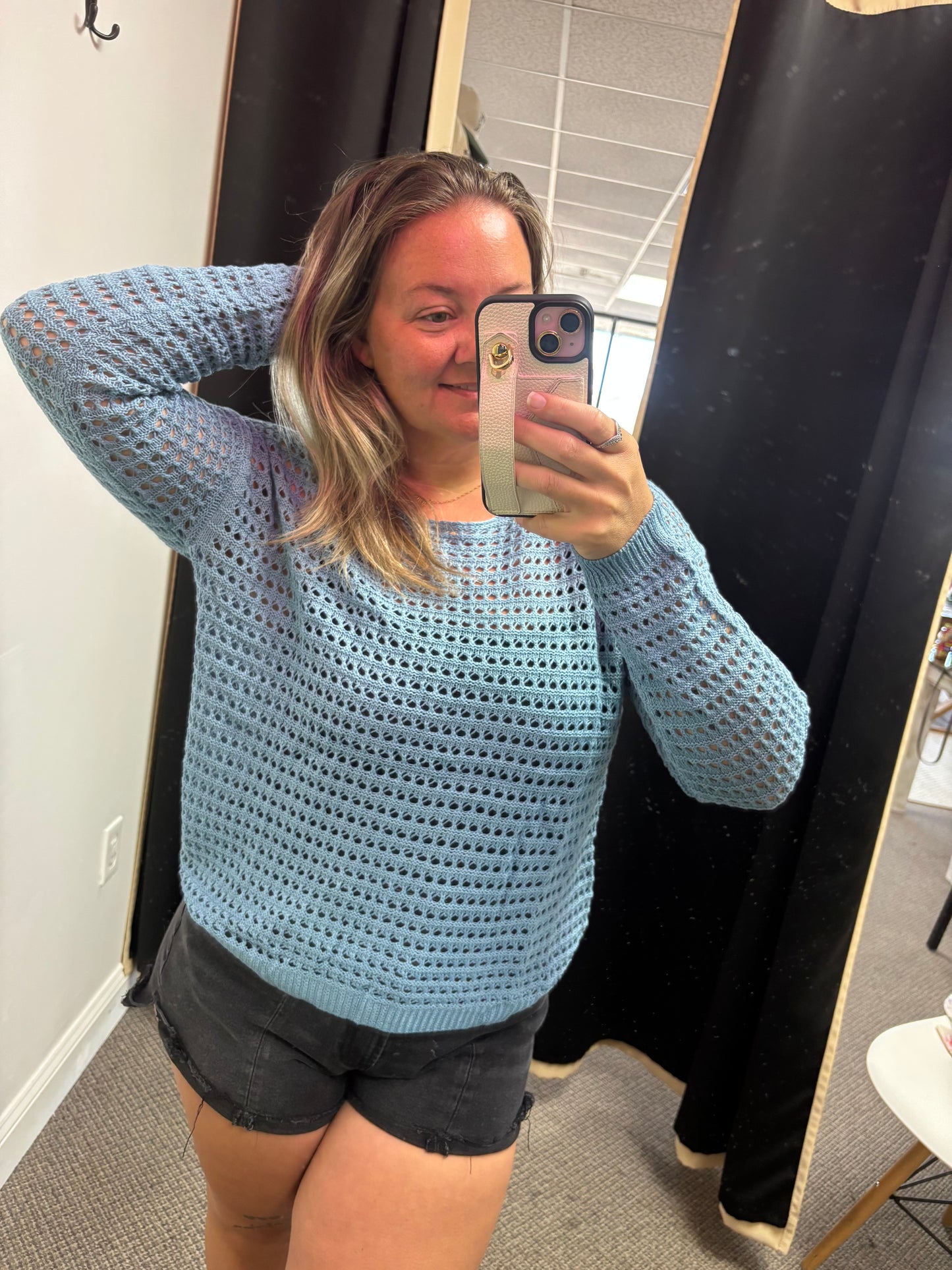 Myosotis Solid Color Hollow Out Knit Long Sleeve Crochet Sweater