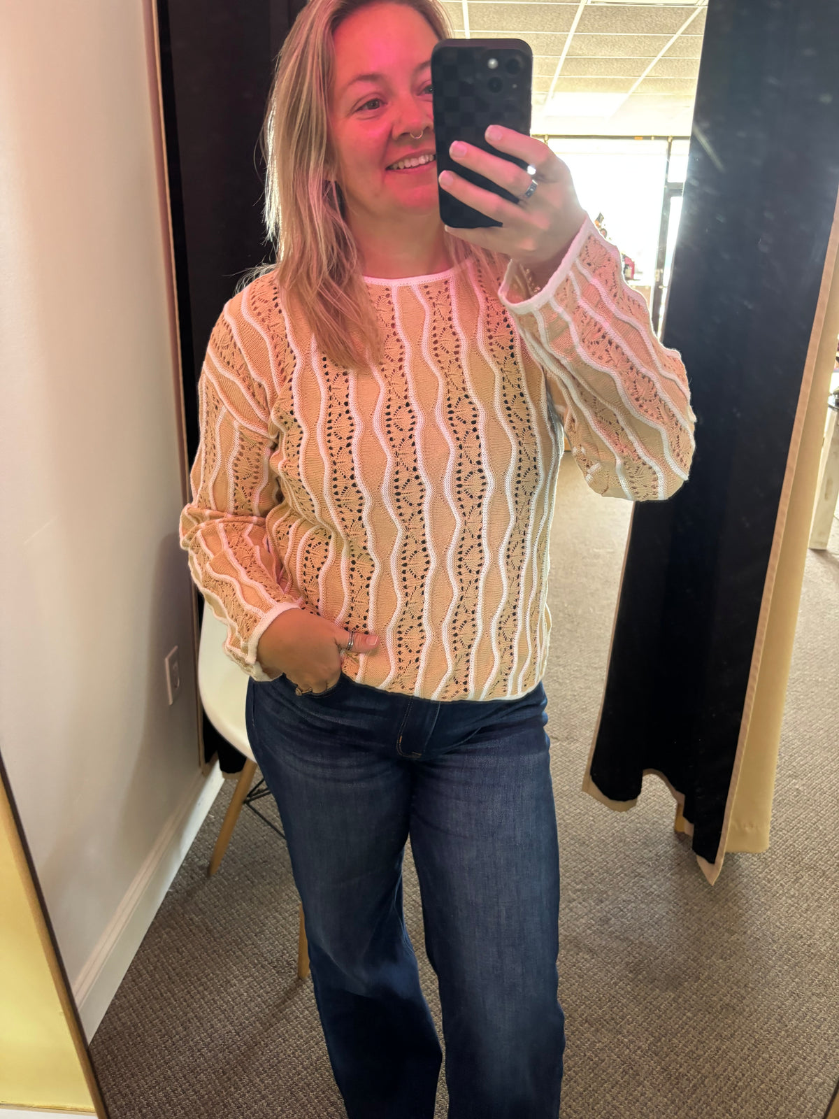 Khaki Wavy Detail Hollow Out Knit Long Sleeve Cotton Pullover Sweater