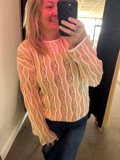 Khaki Wavy Detail Hollow Out Knit Long Sleeve Cotton Pullover Sweater