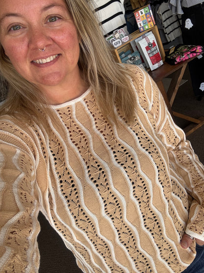Khaki Wavy Detail Hollow Out Knit Long Sleeve Cotton Pullover Sweater