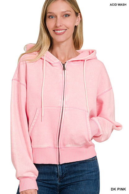 Acid wash fleece cropped zip-up hoodie w pockets