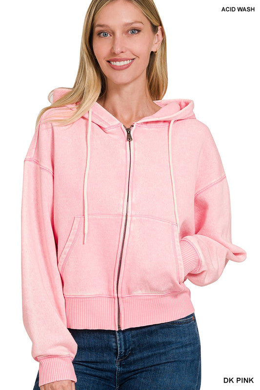 Acid wash fleece cropped zip-up hoodie w pockets