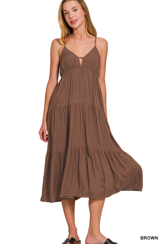 Woven sweetheart neckline tiered cami midi dress