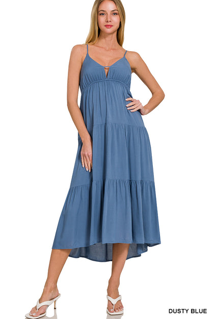 Woven sweetheart neckline tiered cami midi dress