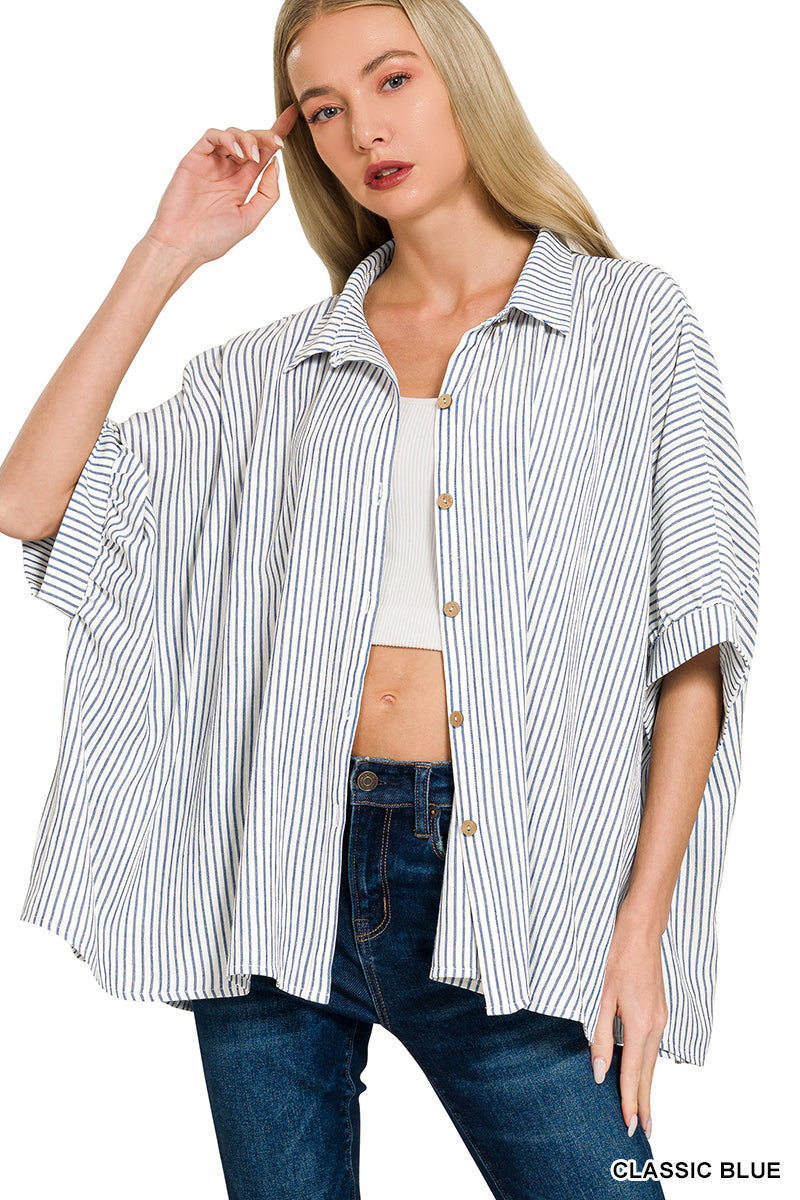 Woven stripe button down boxy top