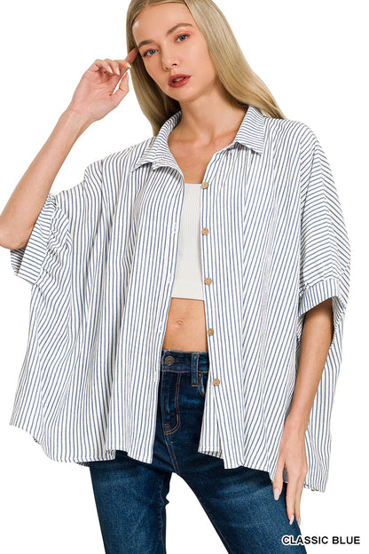 Woven stripe button down boxy top