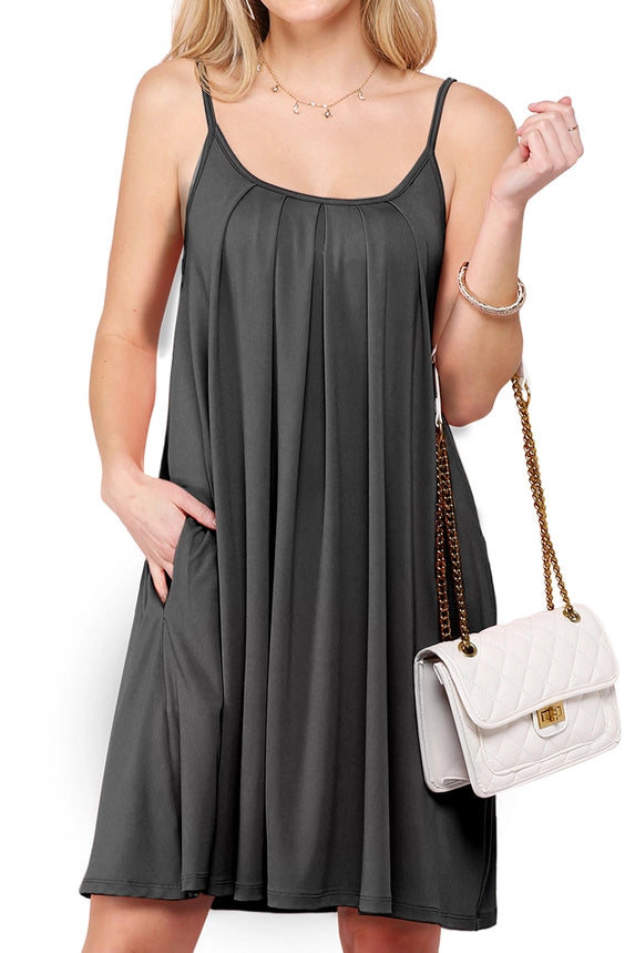PLEATS Detailed Dress with Pockets and Adjustable Straps