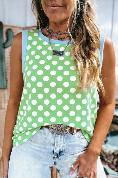 Green Polka Dot Contrast Trim Round Neck Loose Tank Top