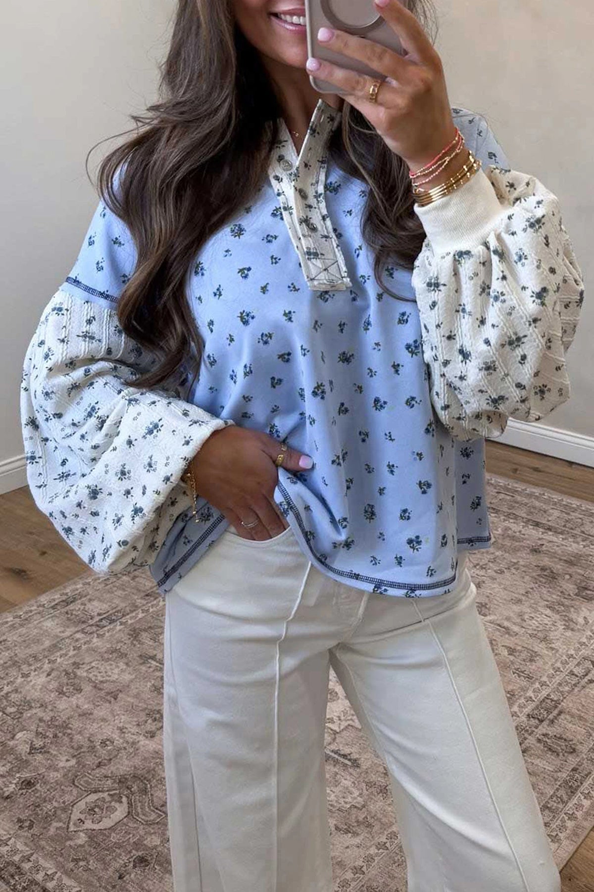 Sky Blue Floral Print Contrast Long Sleeve Tops