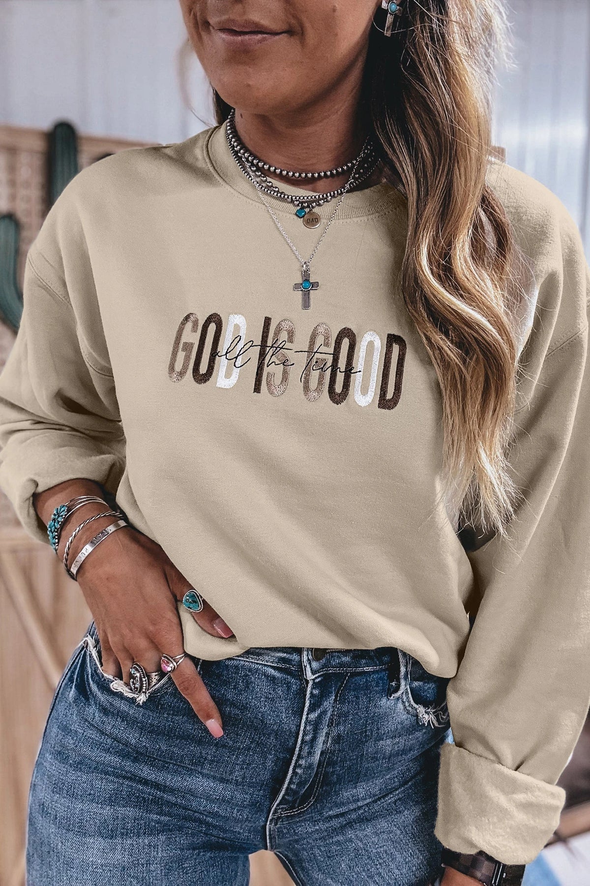 GOD IS GOOD Western Embroidered Letter Crewneck Pullover Sweatshirt
